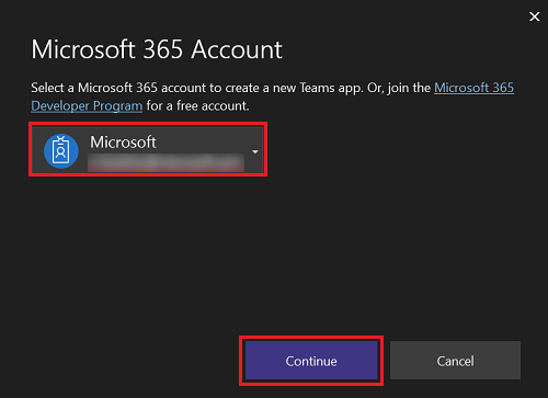 Microsoft 365 Account with Continue オプションを示すスクリーンショット。